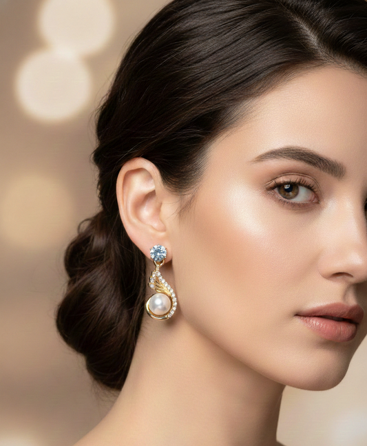 Crystal Stud & Pearl Swoosh Drop Earrings