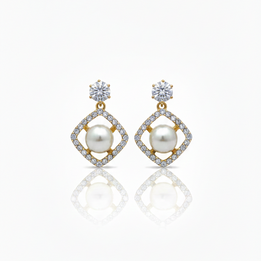 Elegant Pearl & Diamond Drop Earrings in Gold Finish | Luxury Party & Wedding Jewelry