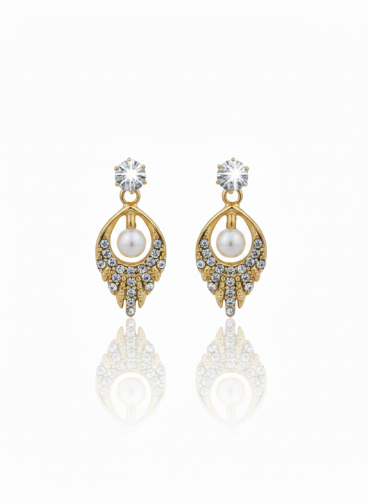 Elegant Gold Pearl & Diamond Drop Earrings