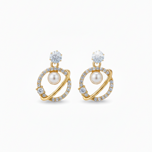 Gold Pearl & Diamond Circle Drop Earrings for women