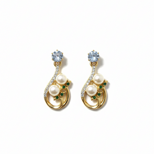 Gold Pearl & Diamond Drop Earrings with Emerald Accents