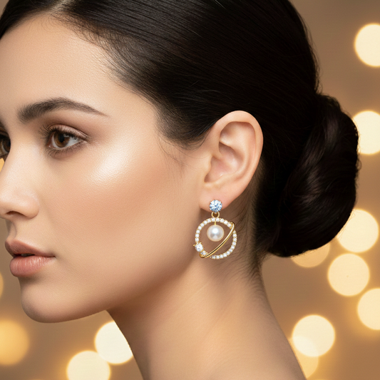 Gold Pearl & Diamond Circle Drop Earrings