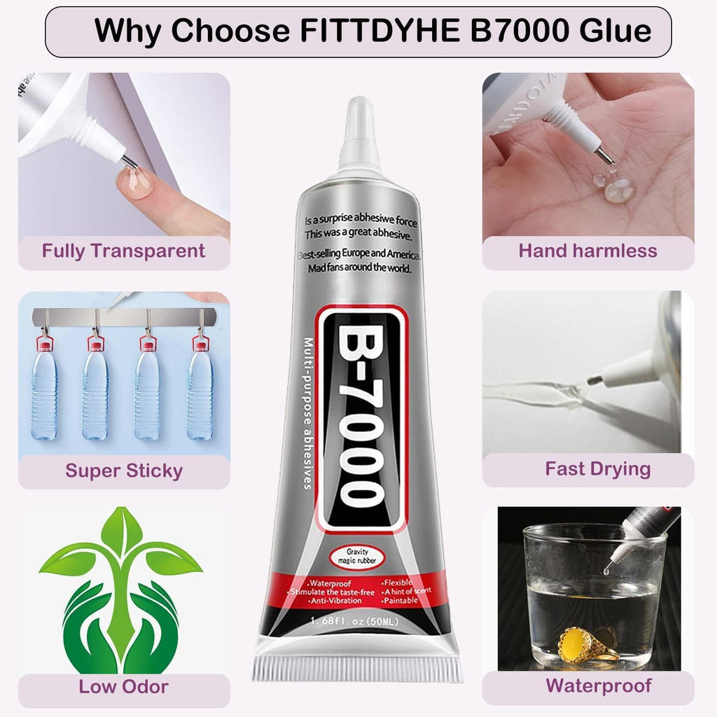 B-7000 Adhesive Glue (50ML / 1.68 fl. oz) - High Viscosity Multi-Purpose Glue for Rhinestone Crafts, Jewelry, Fabric, Screen Repair, Mobile Phones, Glass, Metal, and More