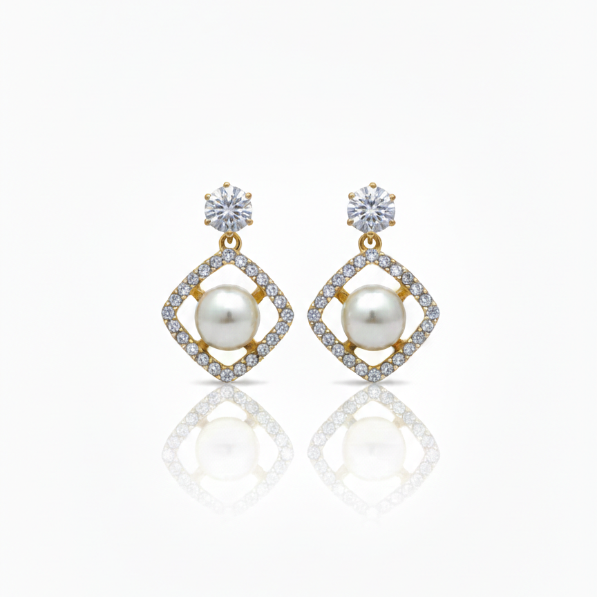 Elegant Pearl & Diamond Drop Earrings in Gold Finish | Luxury Party & Wedding Jewelry