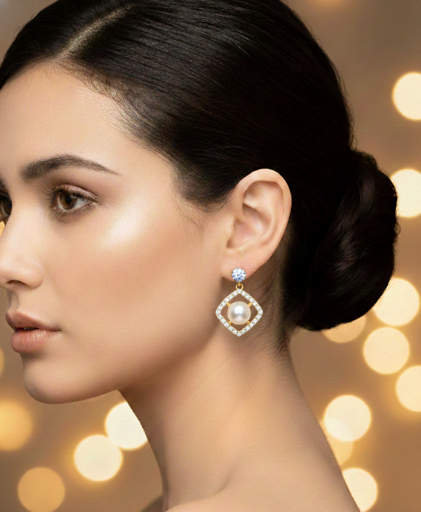 Elegant Pearl & Diamond Drop Earrings in Gold Finish | Luxury Party & Wedding Jewelry
