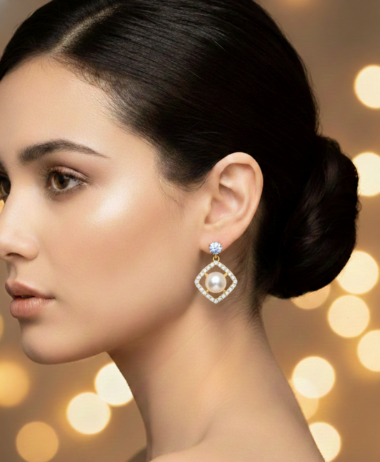 Elegant Pearl & Diamond Drop Earrings in Gold Finish | Luxury Party & Wedding Jewelry