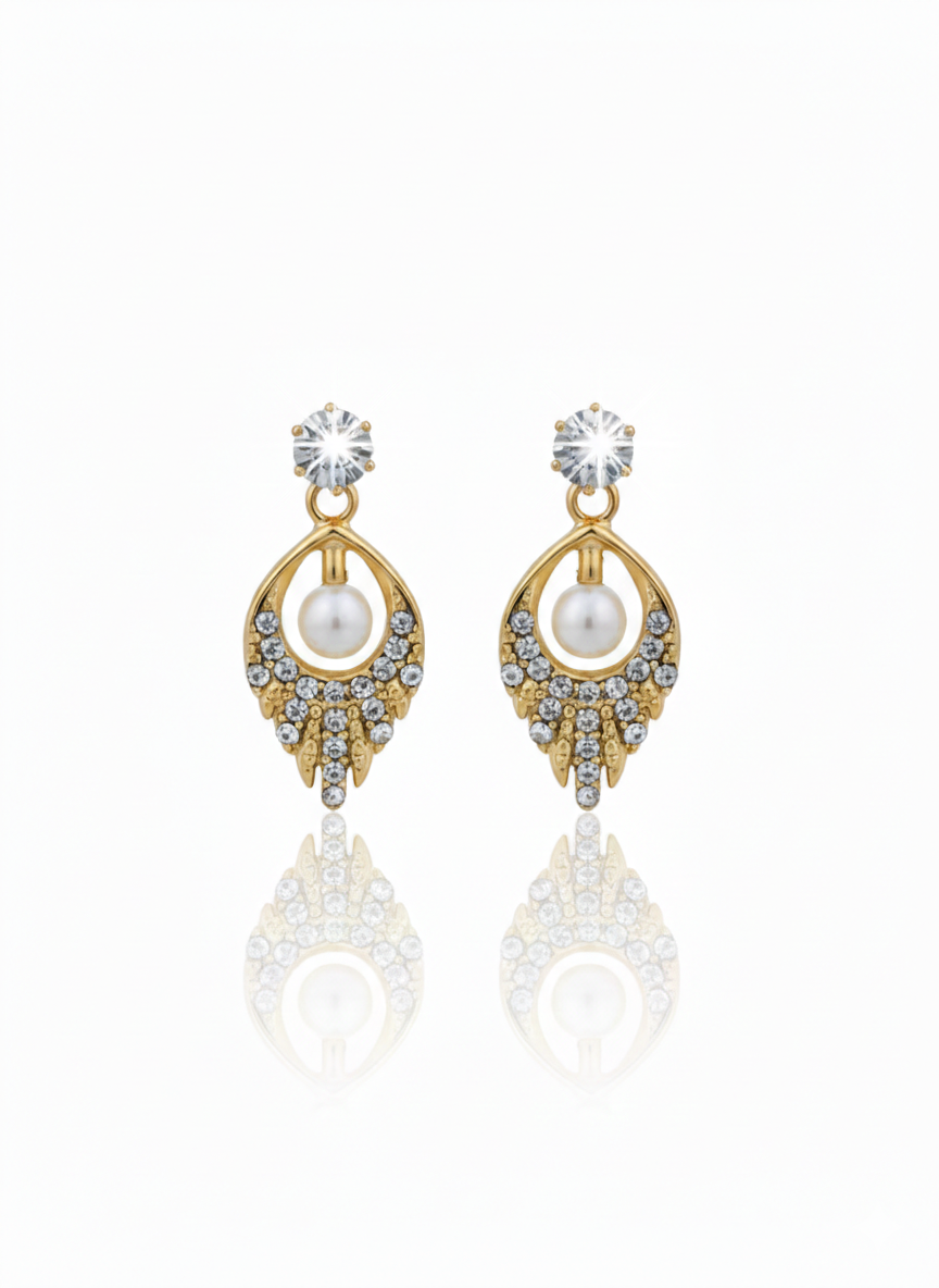 Elegant Gold Pearl & Diamond Drop Earrings