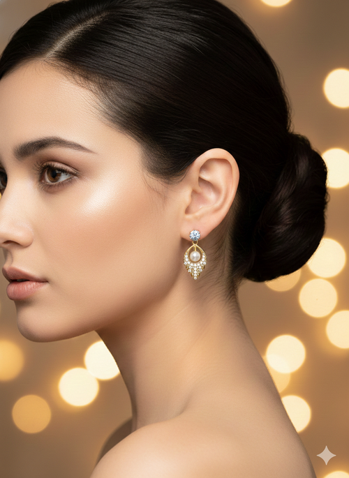 Elegant Gold Pearl & Diamond Drop Earrings