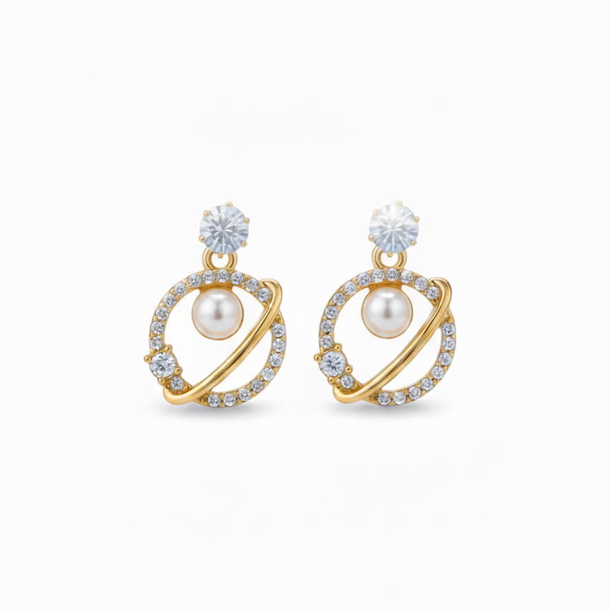 Gold Pearl & Diamond Circle Drop Earrings for women