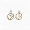 Gold Pearl & Diamond Circle Drop Earrings for women