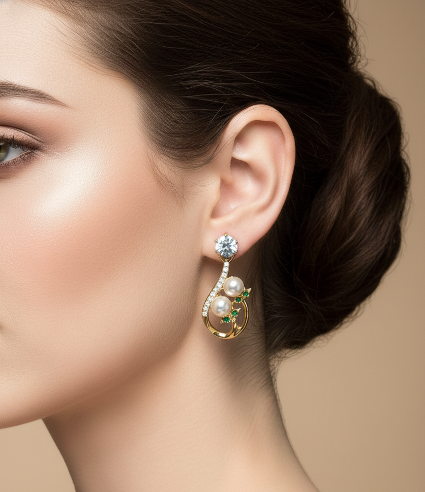 Gold Pearl & Diamond Drop Earrings with Emerald Accents for women