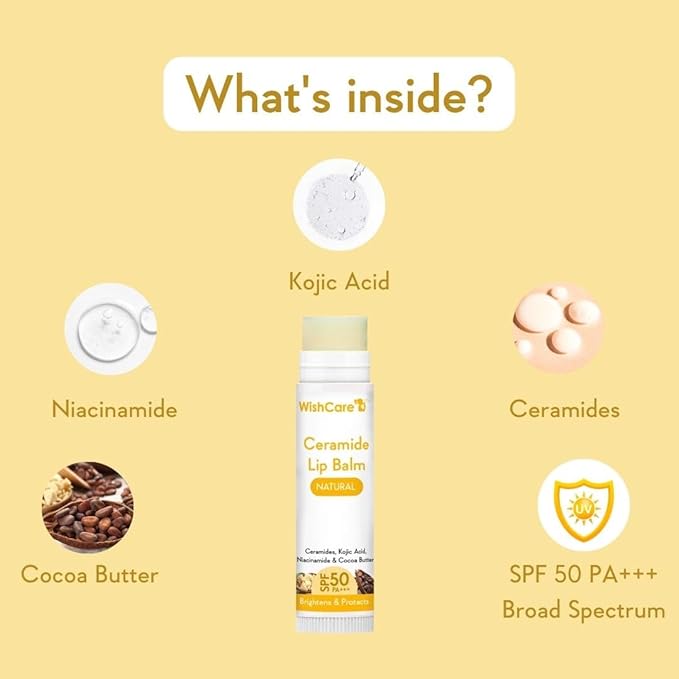 WishCare Ceramide Lip Balm with SPF 50 PA+++ Brightening Lip Balm for Dark Lips For Women Natural & Untinted 5g